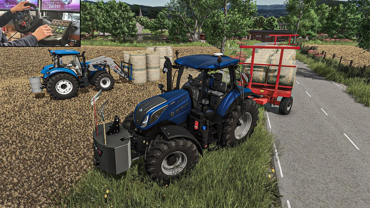 Сбор и транспортировка тюков соломы тракторами New Holland | Геймплей Thrustmaster T248