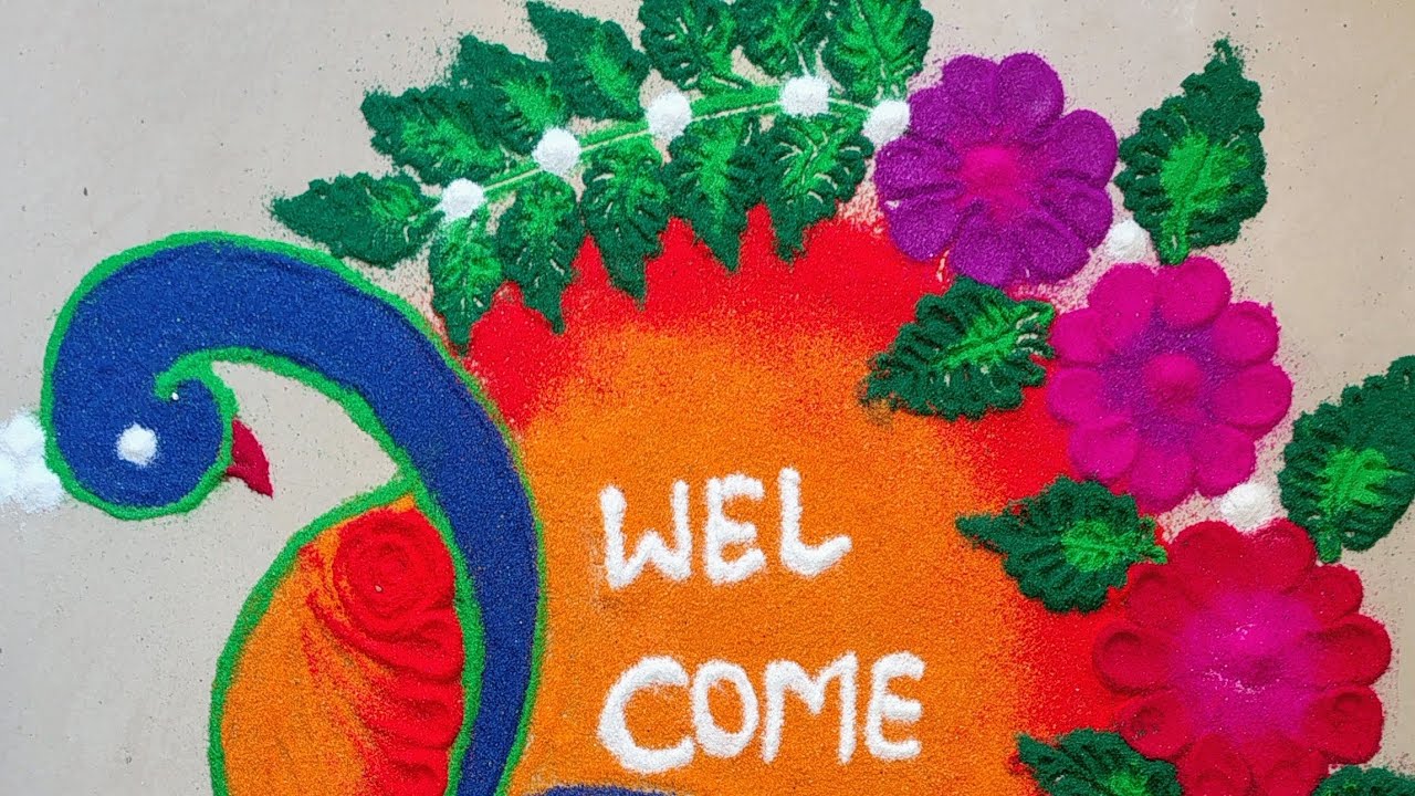 सोपी मोराची रांगोळी Peacock rangoli welcome rangoli #welcome  #welcomerangoli  #welcomehome #peacock