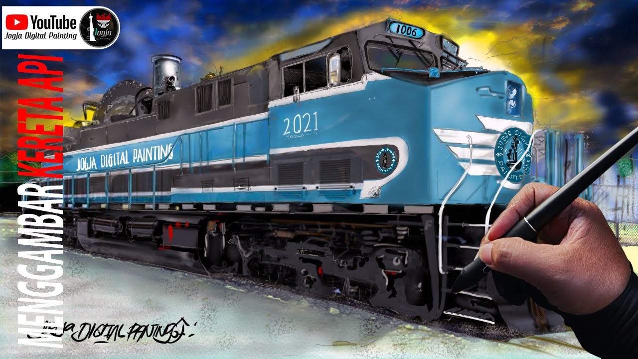 MENGGAMBAR KERETA API BIRU  step by step