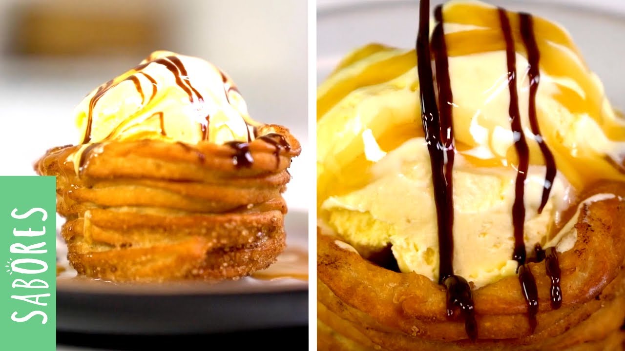 Crocantes canastos de churros con helado