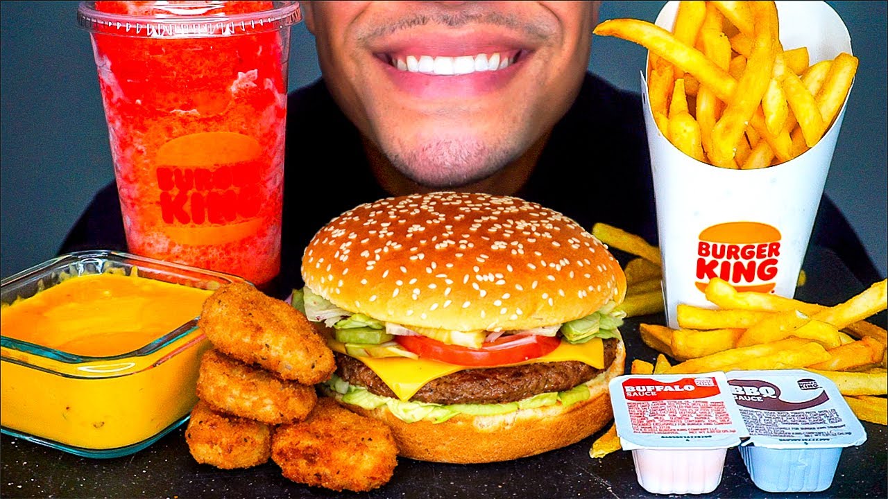 ASMR BURGER KING CHEESE SAUCE CHICKEN NUGGETS IMPOSSIBLE WHOPPER FRENCH FRIES PINK LEMONADE