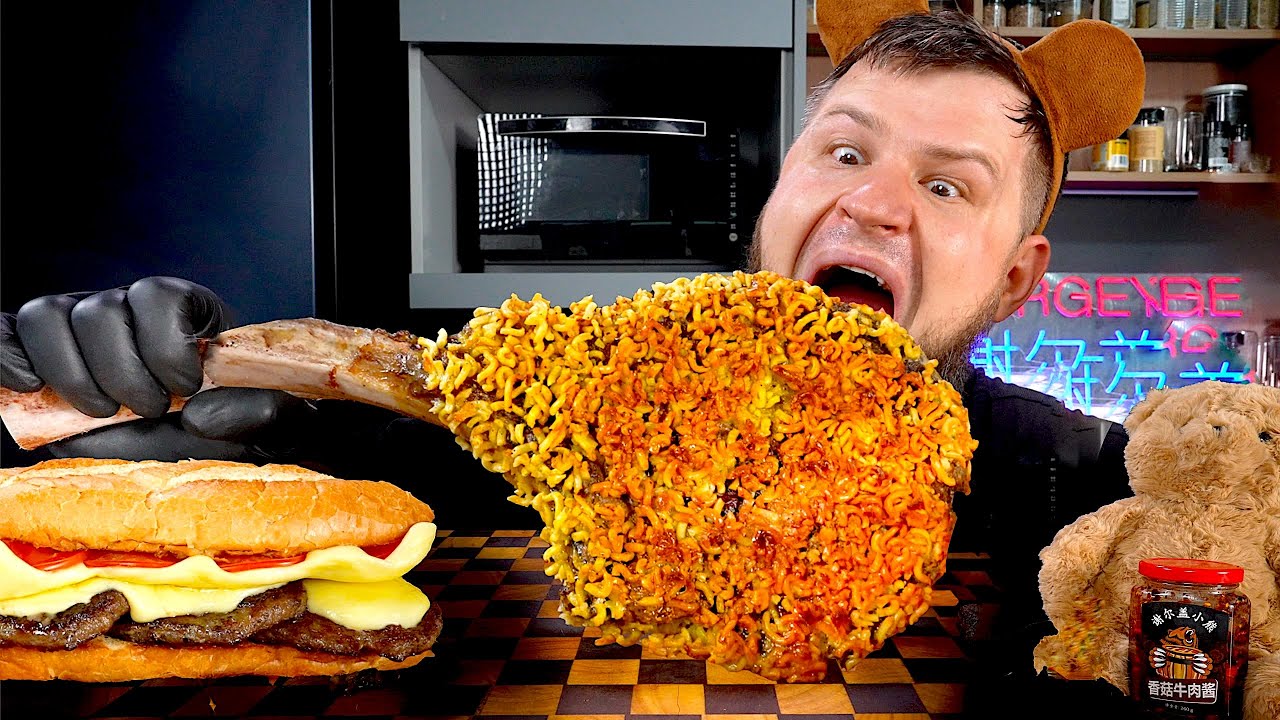 СТЕЙК ТОМАГАВК ПАНИРОВАННЫЙ В ЛАПШЕ, СЫРНЫЙ СЭНДВИЧ, ASMR MUKBANG, АСМР МУКБАНГ, 먹방, 大食い, たべる, 谢尔盖