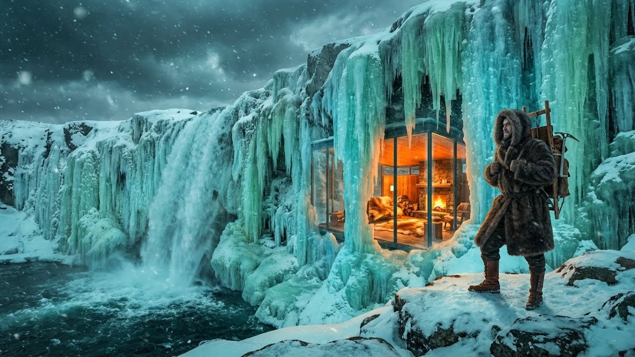 Building Invisible Glass Bunker Behind Frozen Falls | Survival