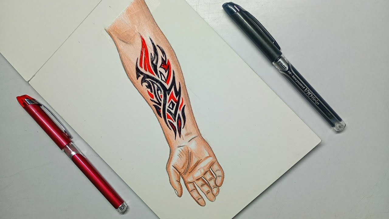 How to Draw a Tribal Forearm Tattoo | Red & Black Ink Tutorial
