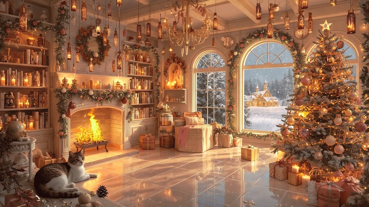 Whimsical Christmas Cabin | Enchanted Fireplace Fire Sounds and Cats | Cozy Winter Shelter
