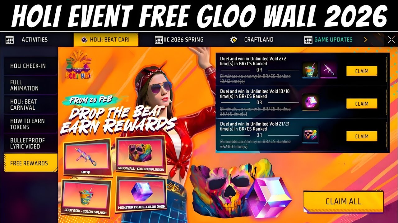 Holi Event Free Gloowall 🔥🤯 || Holi Event Free Rewards || new event Free fire ff New event