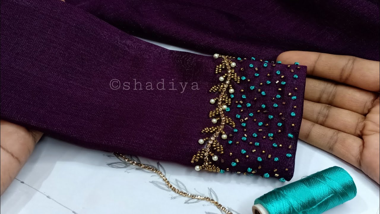 unique embroidery sleeve design with simple beadwork and silk thread