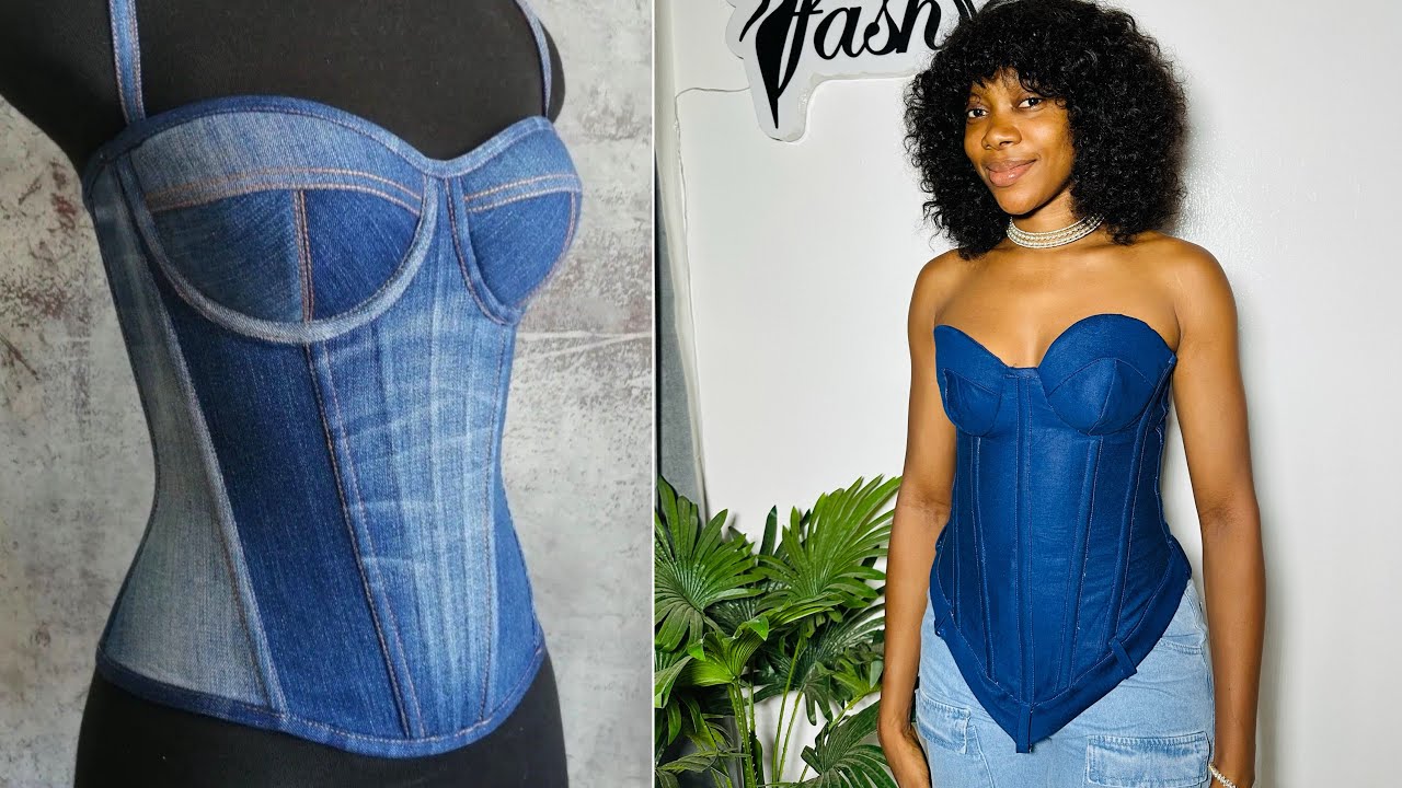 How to Cut and Sew a Cup Corset with Denim / Jean fabric #diy #corsetmaking