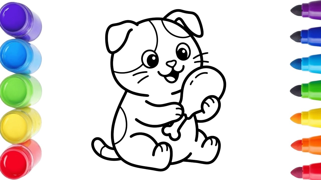 Cute Dog Holding Chicken | Easy Dog Coloring Page for Kids