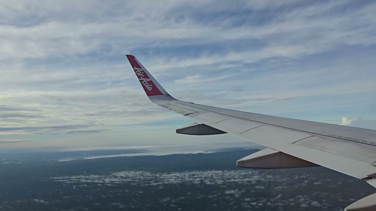Full Landing at Miri Airport ✈️ Left Wing View from Sky to Runway
