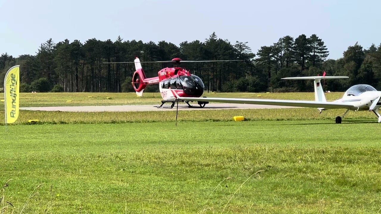 Christoph Europa 5 der DRF startet am Flugplatz Wyk auf Föhr zum Flug zur Basis nach Niebüll