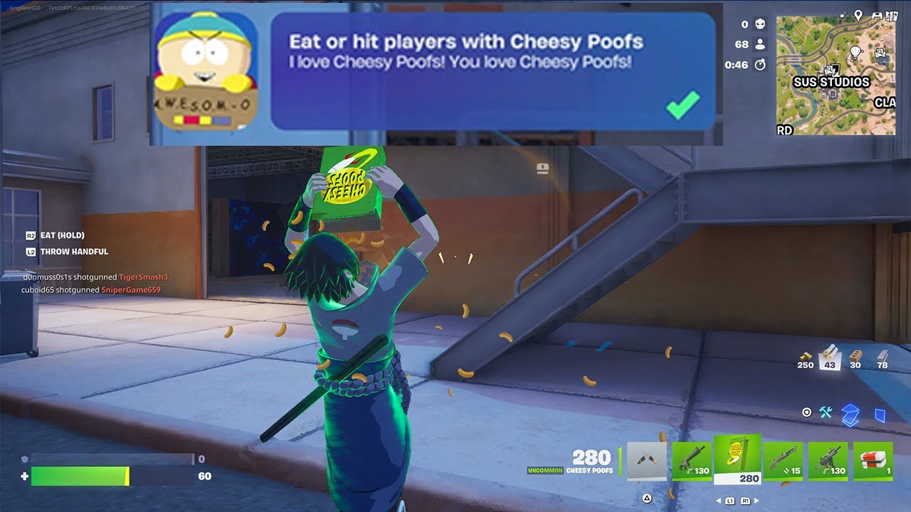 Как легко съесть или ударить игроков сырными шариками в локациях Fortnite (задание!).