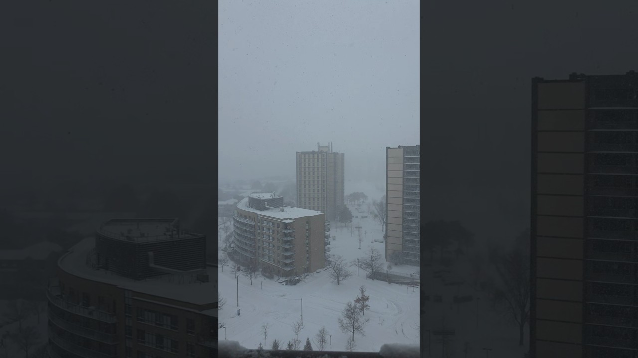 Snow storm in Toronto Canada 404 and 401 highways view from Parkview Forest Drive