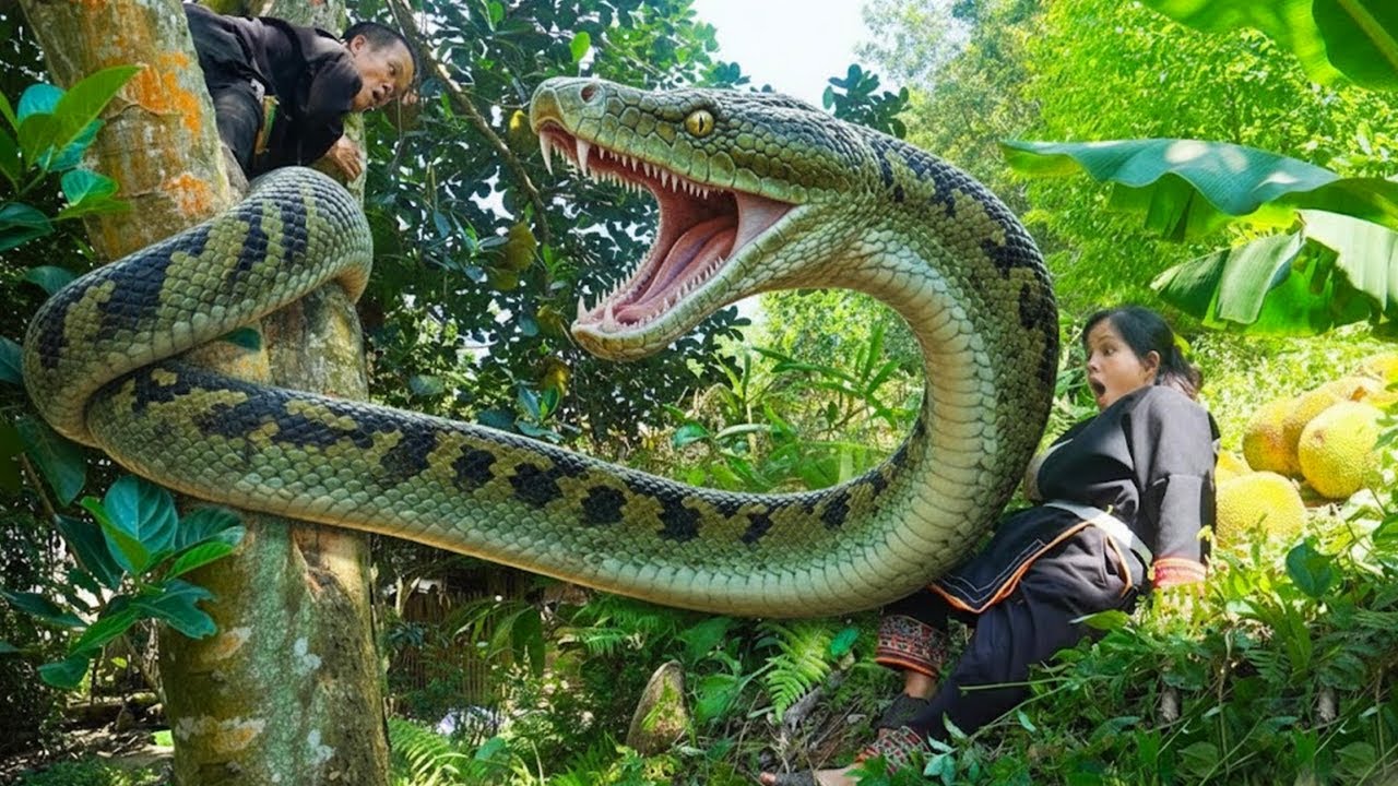 Terrifying Giant Python Ambushes Dwarf Family While Harvesting Jackfruit