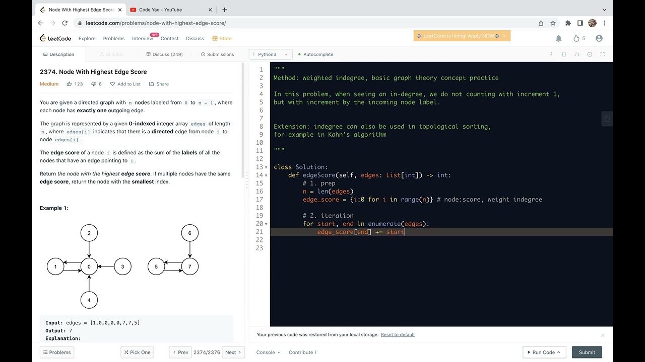 Leetcode 2374. Node With Highest Edge Score - practice of graph theory concept - indegree