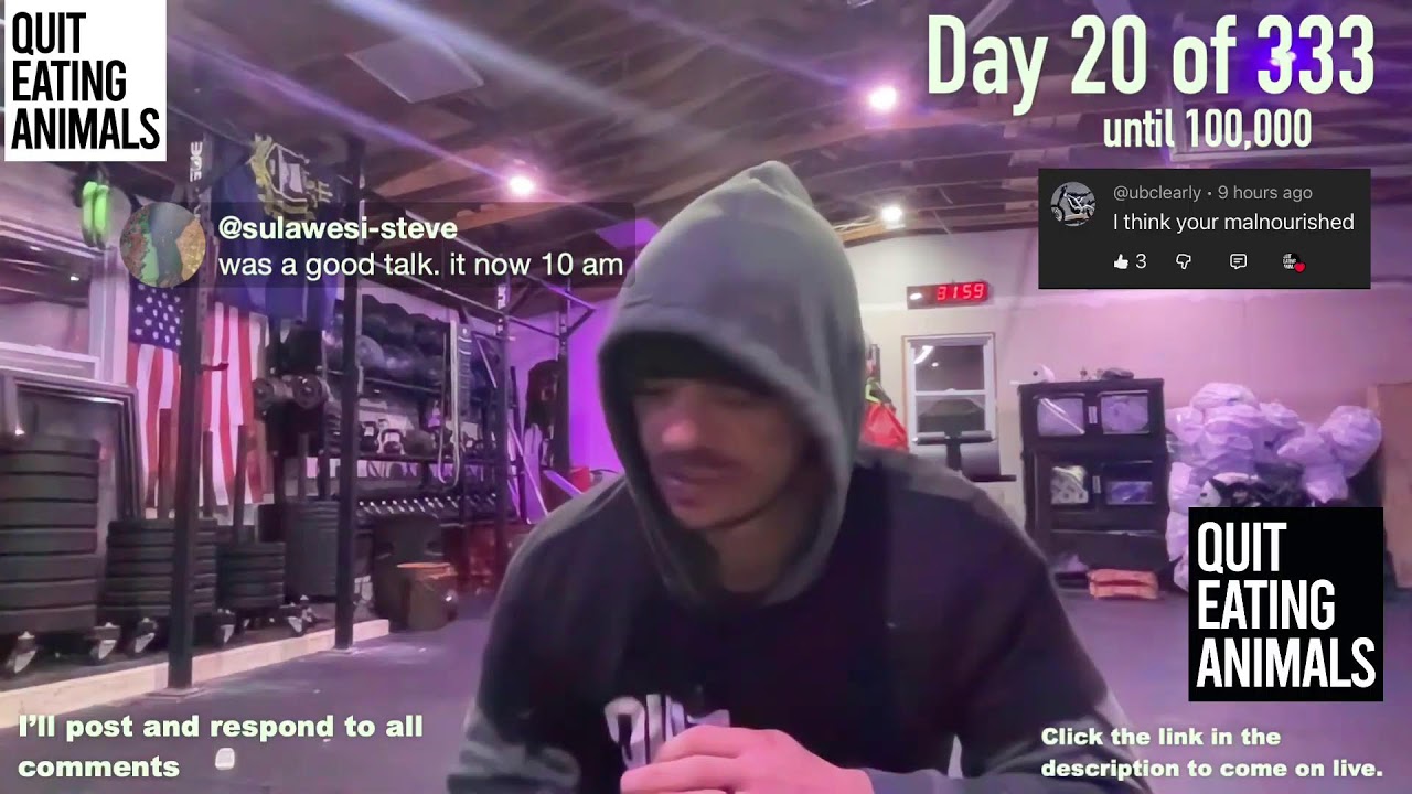 Day 20 of 333 Days to get to 100,000 Reps - Vegan Garage Gym Live Workout For The Animals -VEGAN 300