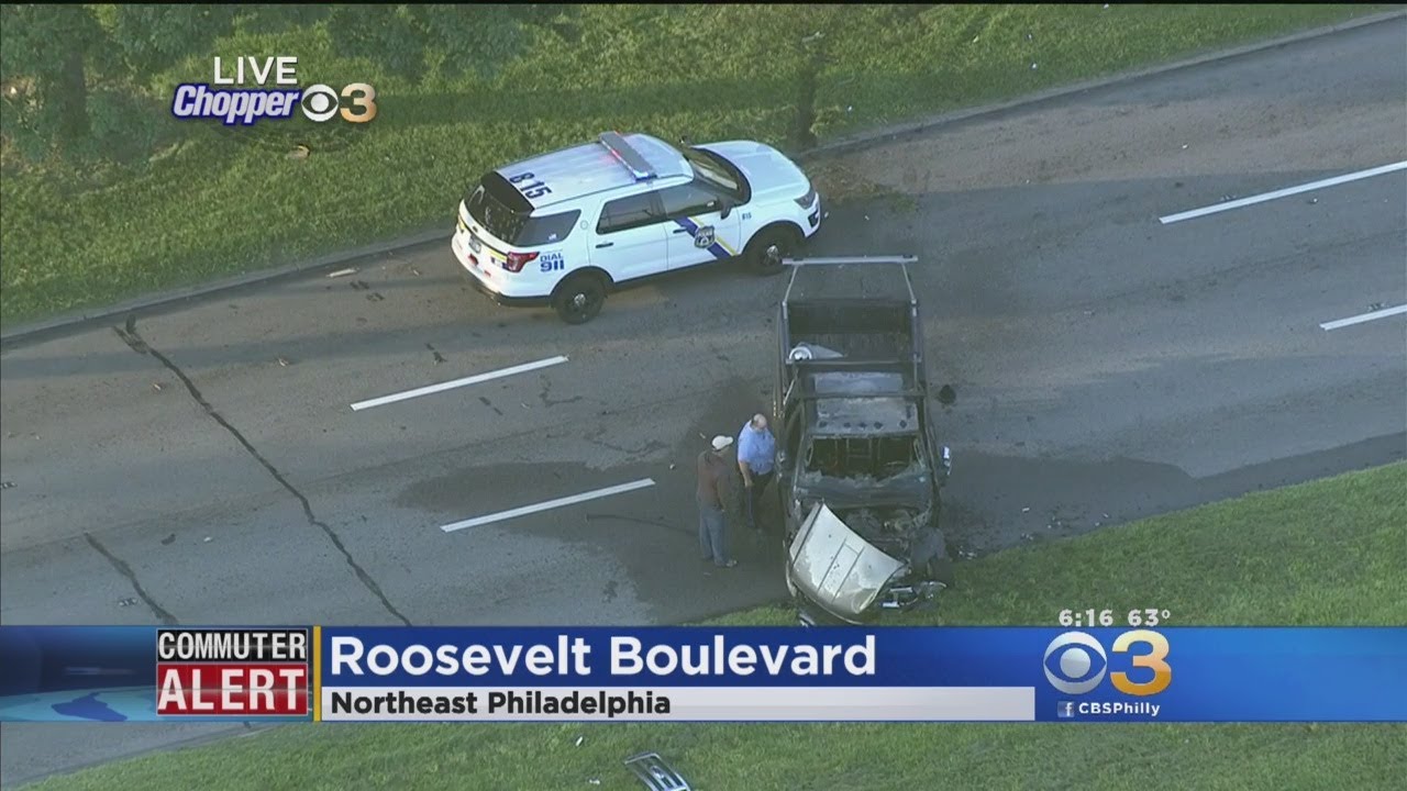 Pickup Truck Crashes Into Pole On Roosevelt Boulevard, Catches On Fire