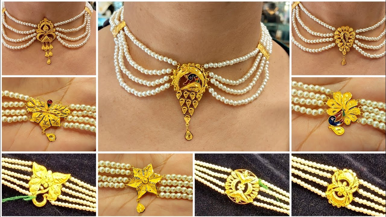 Light Weight Gold Pearl Necklace Design - Gold Pearl Mantasha Design - Gold Pearl Choker Design