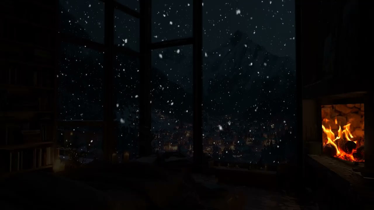 Warm Fireplace & Soft Piano Relaxing Holiday Ambience with Snowfall