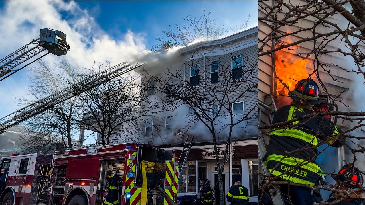 **EARLY ARRIVAL 3rd ALARM** Heavy FIRE in a 3 Story Mixed Occupancy in Cambridge, MA [Box 42]