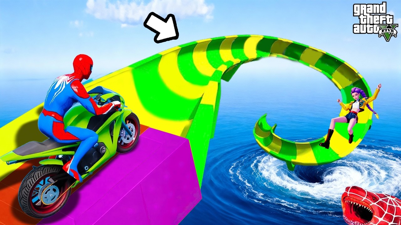 SPIDER-MAN with Superheroes Racing Motorcycles On Wildest Slide Whirlpool🦺🥽 GTA 5 Funny Game