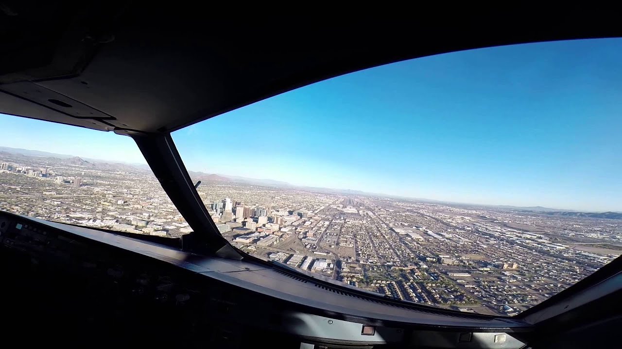 Airbus 320 landing PHX flight deck view.