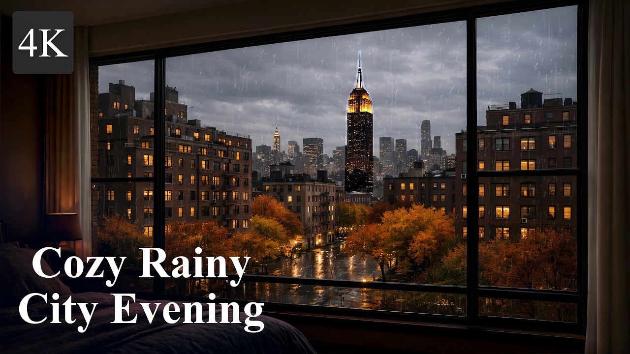 Cozy Rainy City Evening for Sleep, Relaxation 4K | NYC Apartment View of the Empire State Building