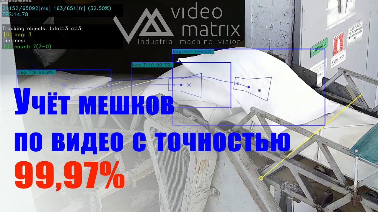 Видеосчётчик и учёт. Автоматический контроль мешков на конвейере отгрузки видеоаналитикой Vmx Qualex