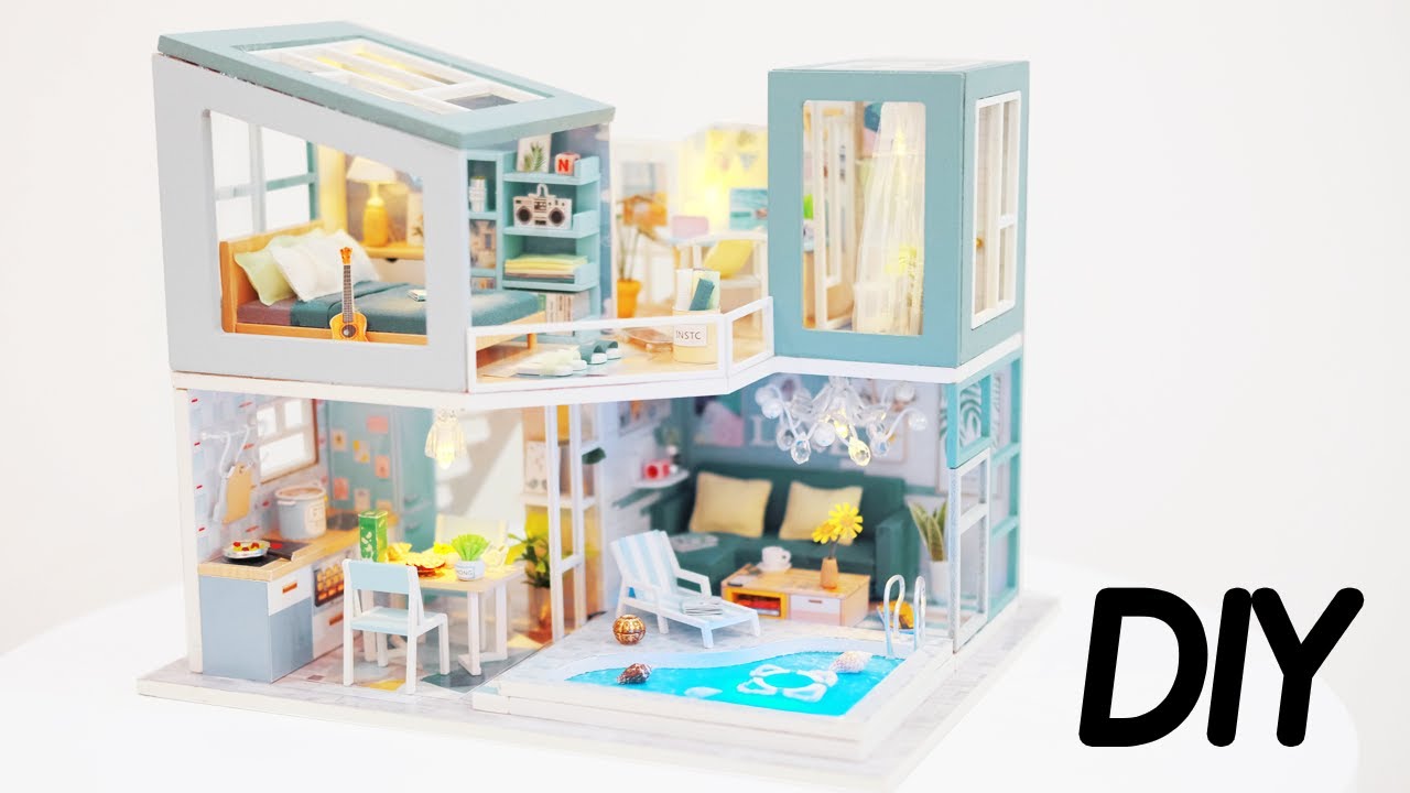 DIY Miniature Dollhouse Kit || First Sight - Mini Blue Villa - Relaxing Satisfying Video