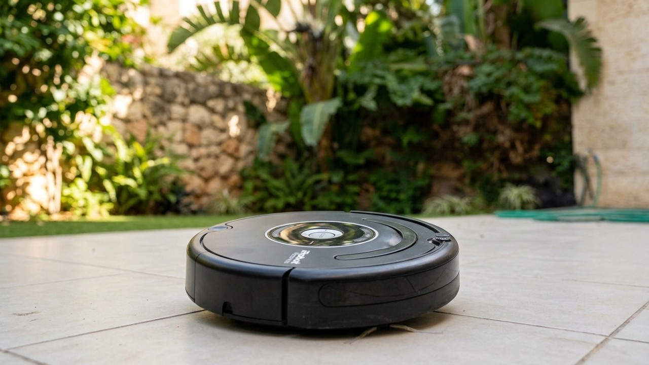 iRobot Roomba vacuum cleaner cleans the balcony floor