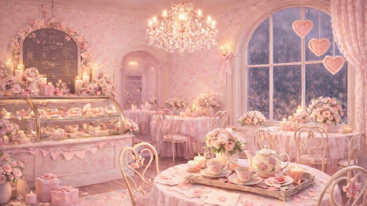 Pink Valentine’s Café Ambience 💕 | Cute Cozy Café, Relaxing Piano & Gentle Rain (4 Hours)