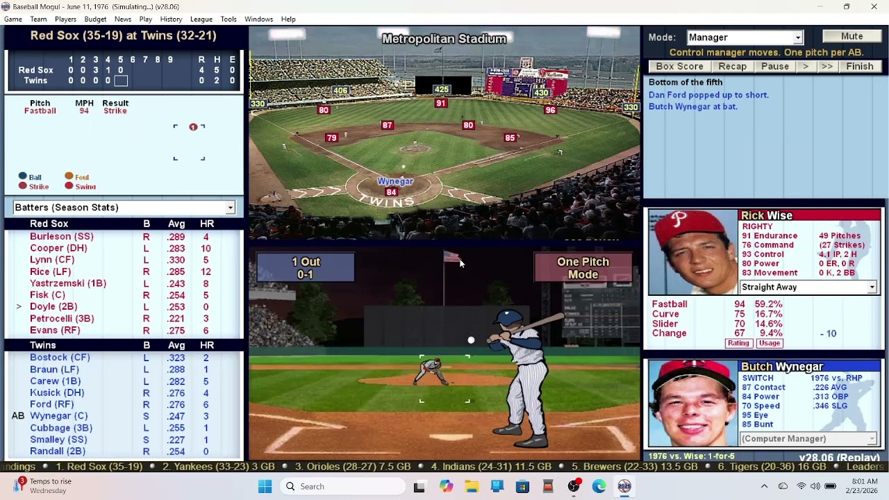 Baseball Mogul 6-11-76 Boston at Minnesota