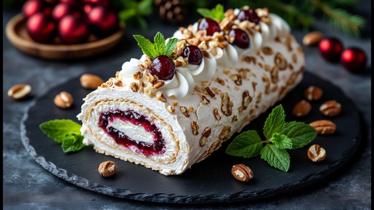 🎄Рождественский Меренговый Рулет с вишней и Творожно-Сливочным Кремом к Новому Году! Простой рецепт!