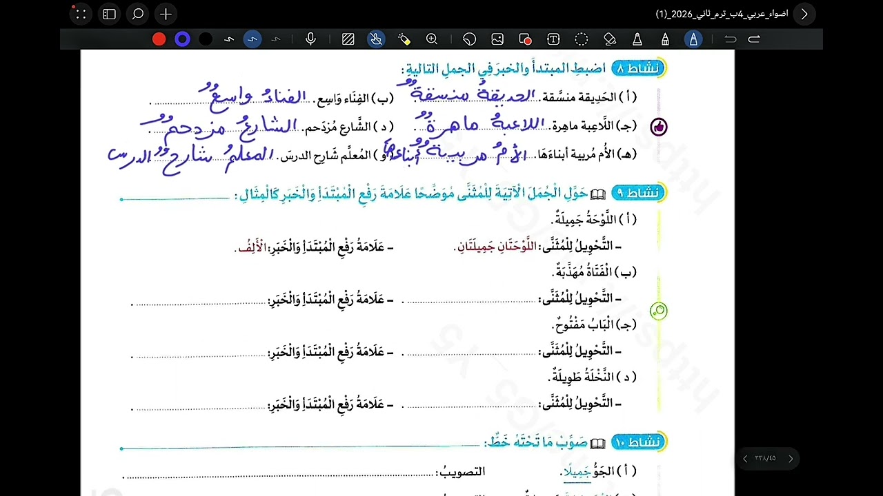 حل تدريبات كتاب الاضواء ( مراجعة علي ركني الجمله الاسمية) للصف الرابع الابتدائي صفحه ٤٢- ٤٣ -٤٤ - ٤٥