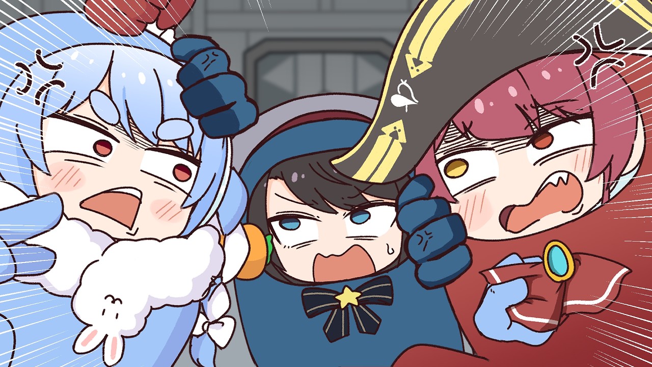【手描き】黙れえええ！二人ともー！！！！【宝鐘マリン/兎田ぺこら/大空スバル/桃鈴ねね/ラプラス・ダークネス/夏色まつり/ときのそら/ホロライブ/切り抜き漫画】