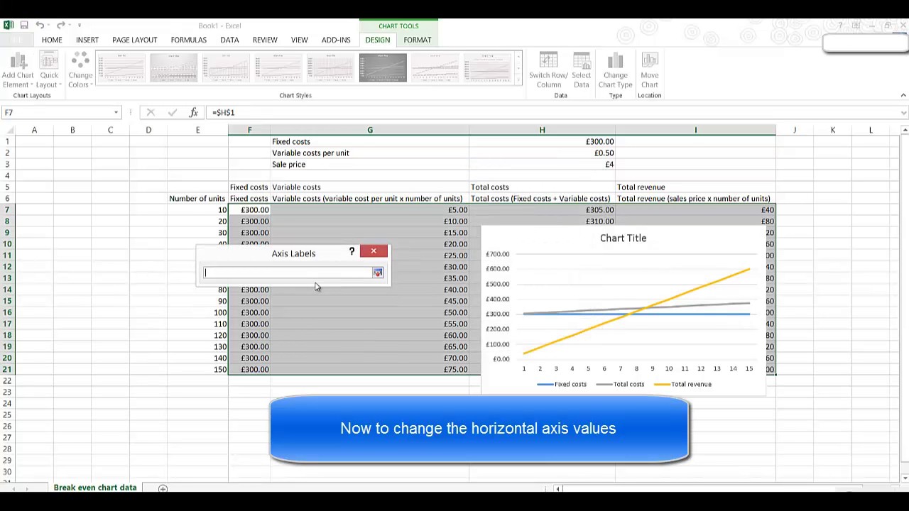 Creating a break even chart with Excel 2016
