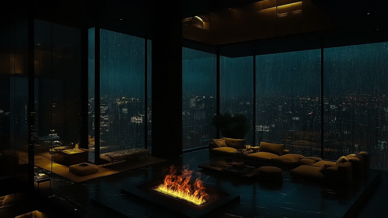 Best Rain Ambience: Midnight City View & Cozy Fireplace 🌧️ | 5 Hours to Unwind & Beat Insomnia