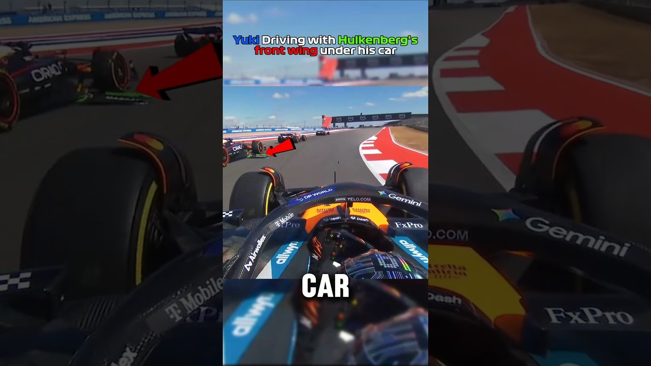Yuki driving with Hulkenberg's wing under his car! #f1 #f12025