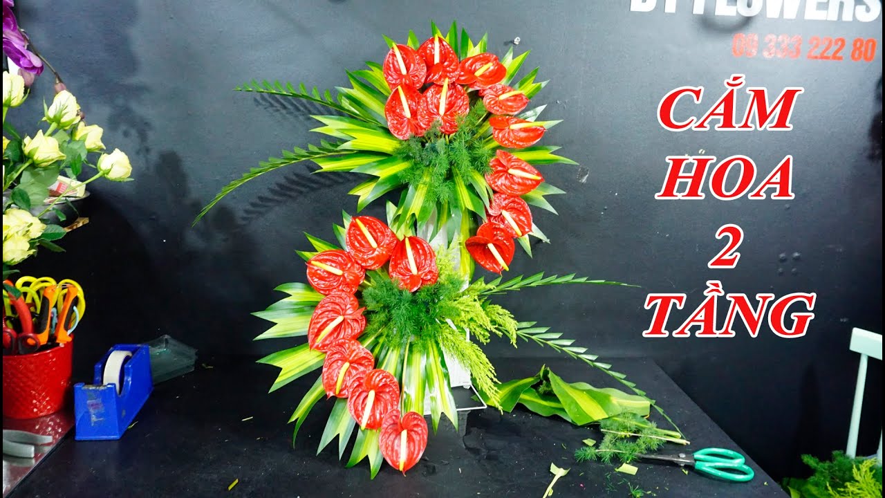 Mẫu cắm hoa Nhà thờ đẹp 83| Cắm hoa Môn đỏ 2 tầng