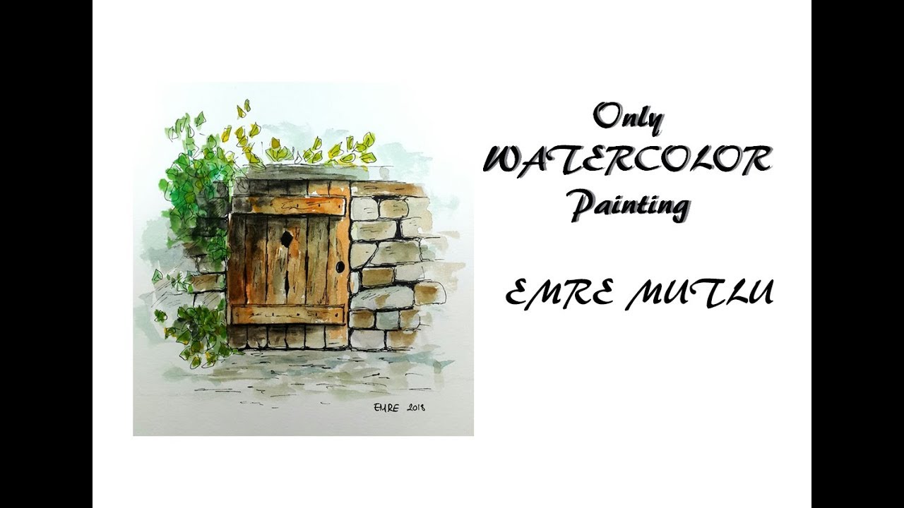 The OLD DOOR  . Line and Wash Watercolor by EMRE MUTLU