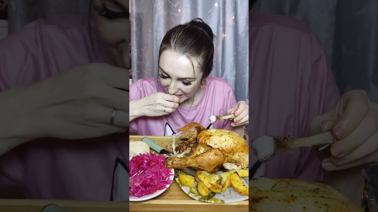Мукбанг курица сочная с картошкой из  духовки 