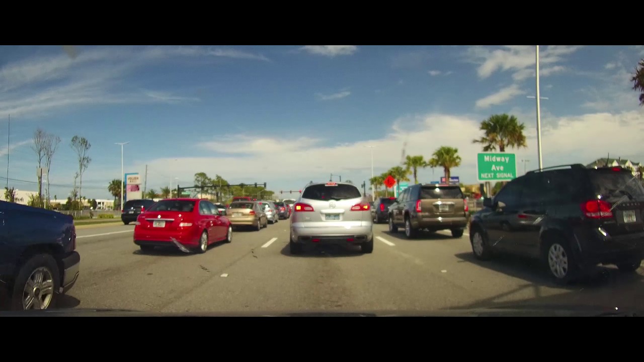 Driving in traffic on Speedway Blvd. Daytona Beach, Florida