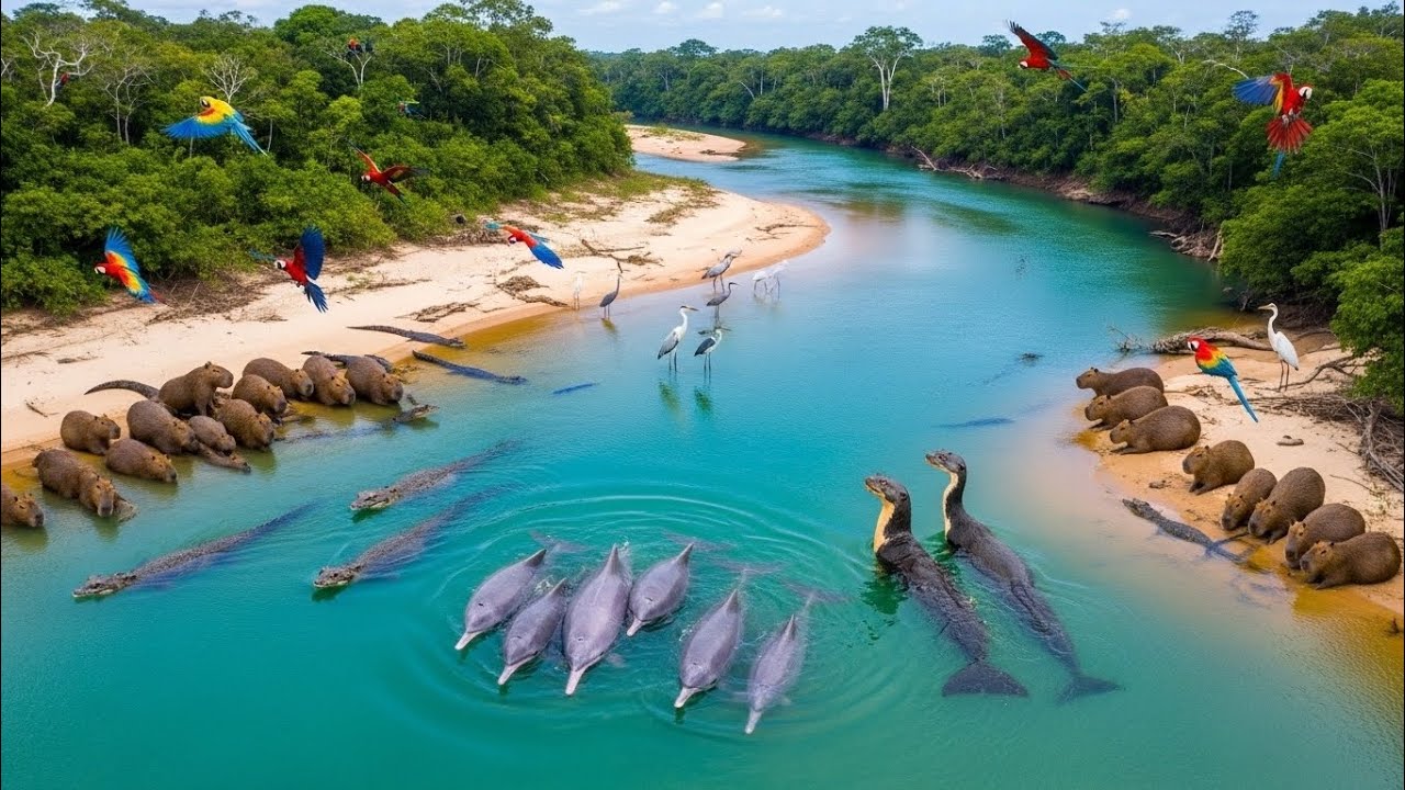 Relaxing Walk In The Amazon | River Of Life : Pink Dolphin, Giant Otter, Capybara and