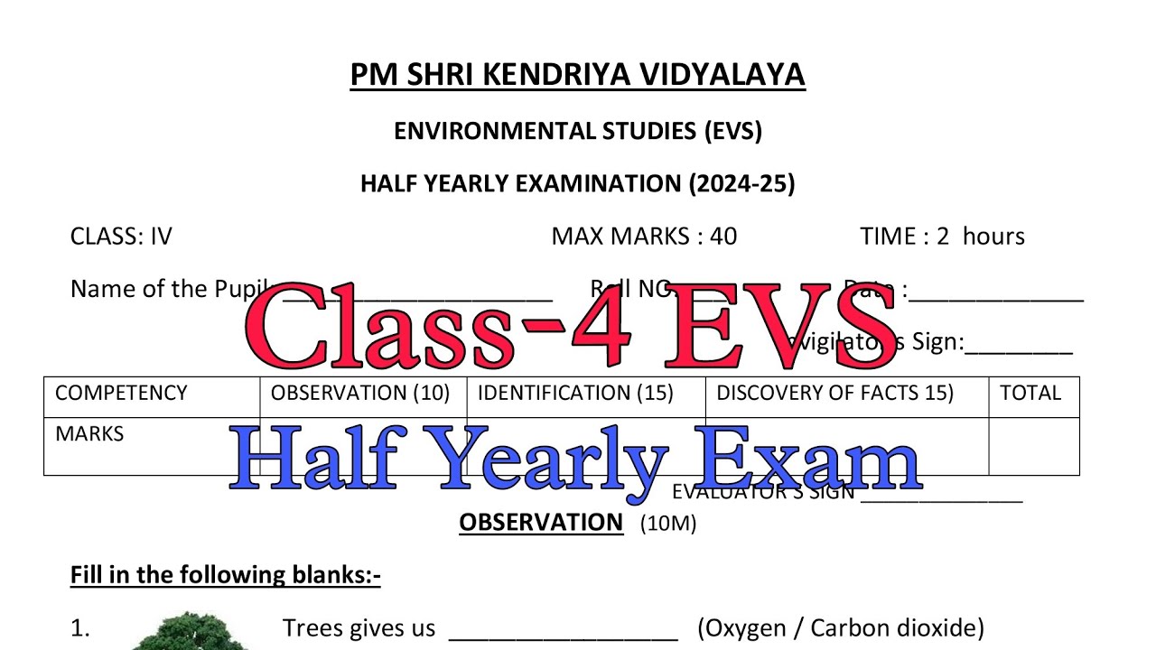 Class-4 EVS Half Yearly Exam Question Paper / Term-1 Session 2024-25 /PM Shri Kendriya Vidyalaya