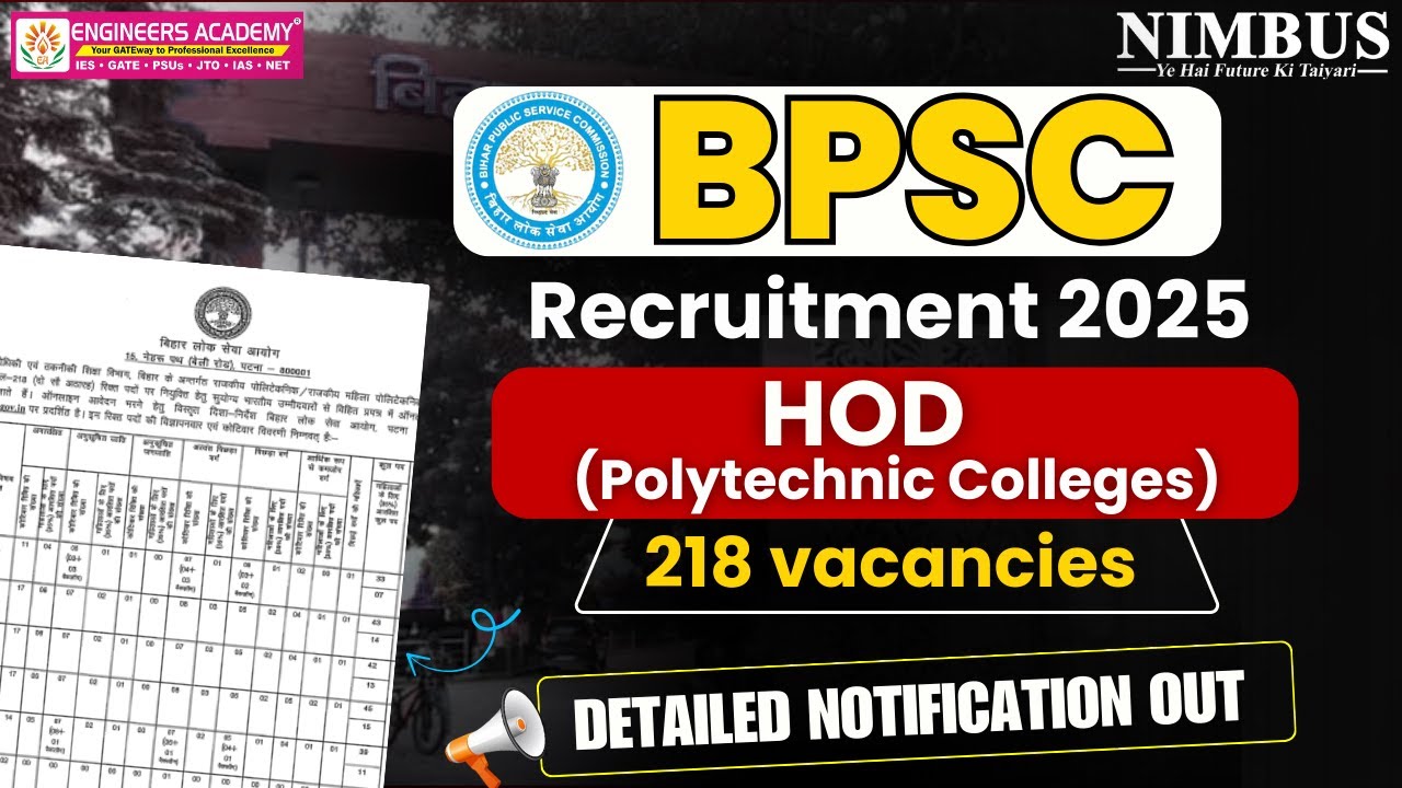 BPSC Recruitment 2025 | Polytechnic Colleges HOD | 218 Vacancies 🔥 Notification Out