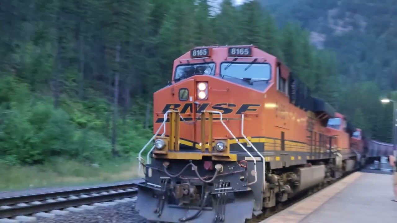 A busy evening hour at the Amtrak platform in Essex, Montana featuring 3 westbound and one eastbound