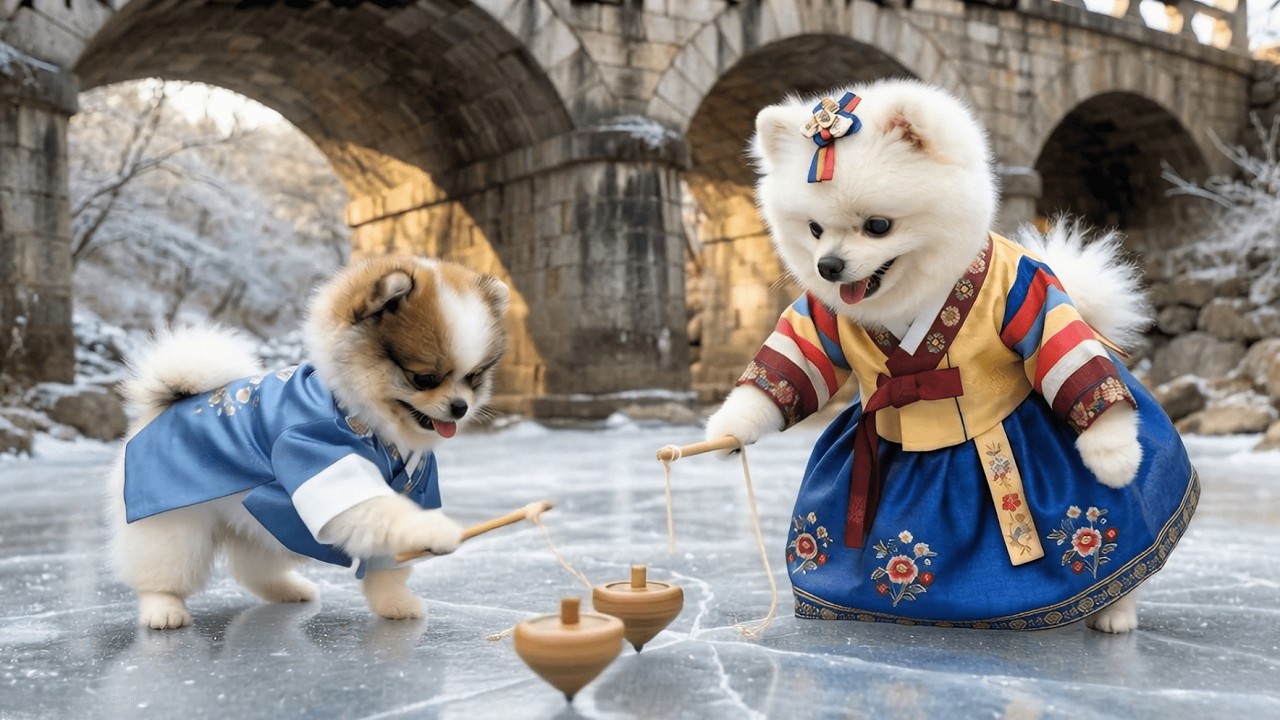 팽이 삼매경에 혀 빼꼼 나온 댕댕이들🐶❄️(설날 민속촌 나들이)