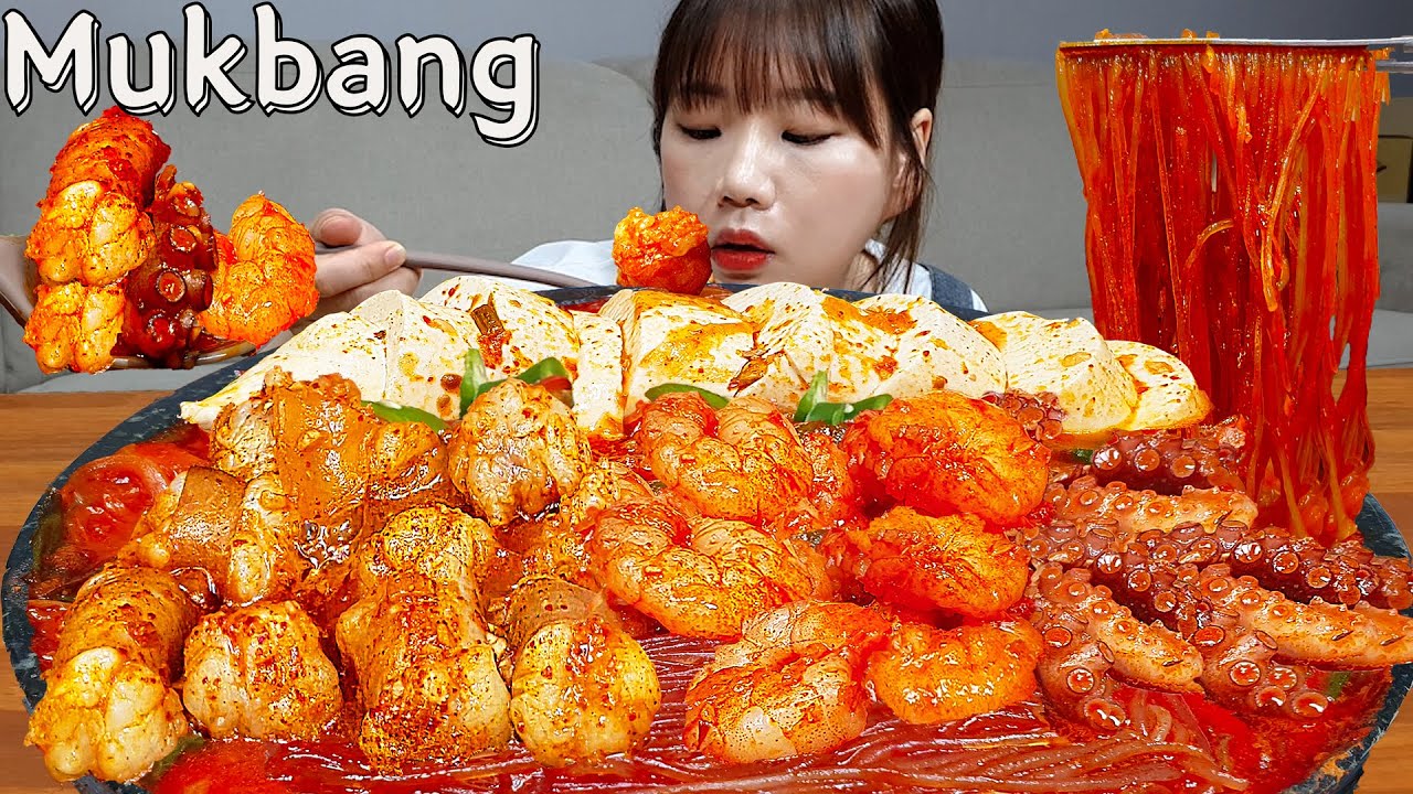Sub)Real Mukbang- Жареные говяжьи кишки, осьминог, креветки🔥 (NakGopSae) Острая лапша🍜 КОРЕЙСКАЯ ЕДА