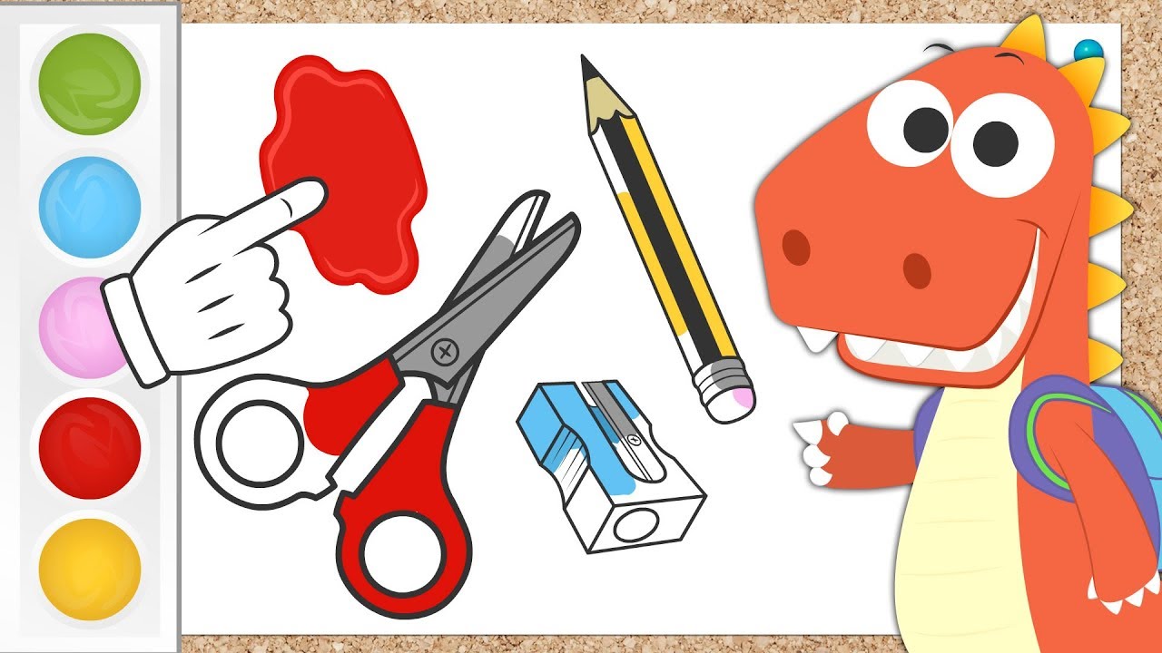 Aprende con Eddie a colorear objetos del cole 🎨✂ Eddie colorea un lápiz, sacapuntas, regla, tijeras