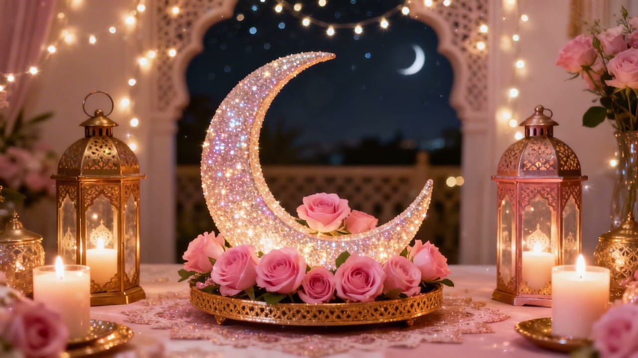 Dreamy pink Ramadan background wallpaper ♡ girly aesthetic crescent moon & roses silent ambience
